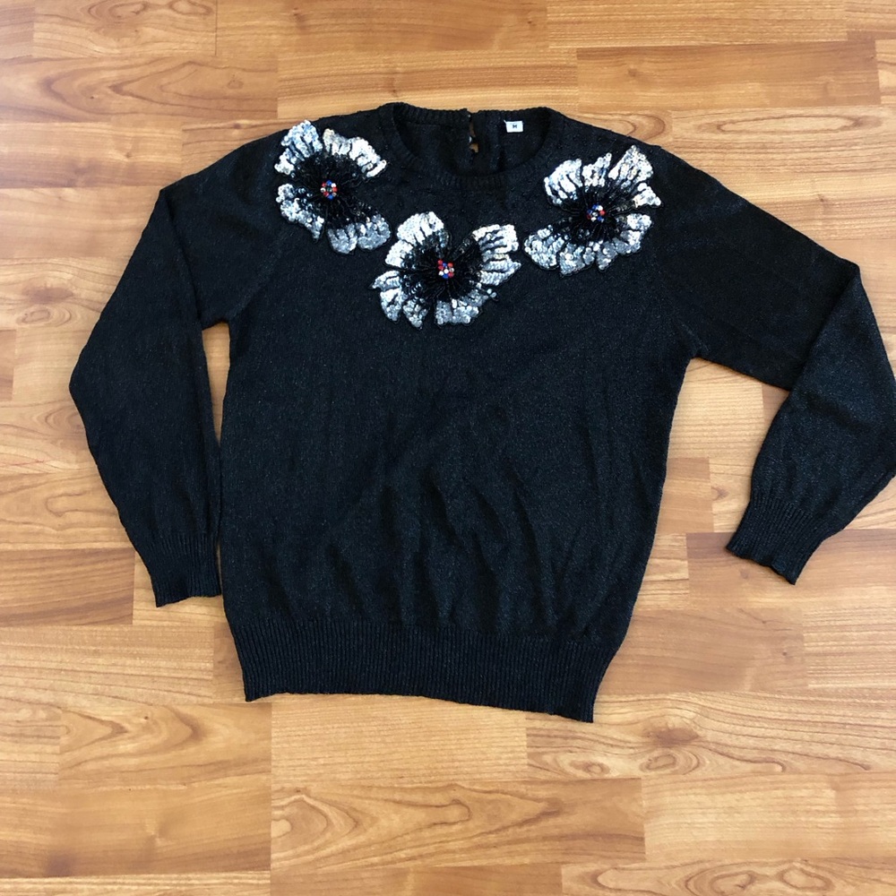 Black Sweater with Sequin Floral Design